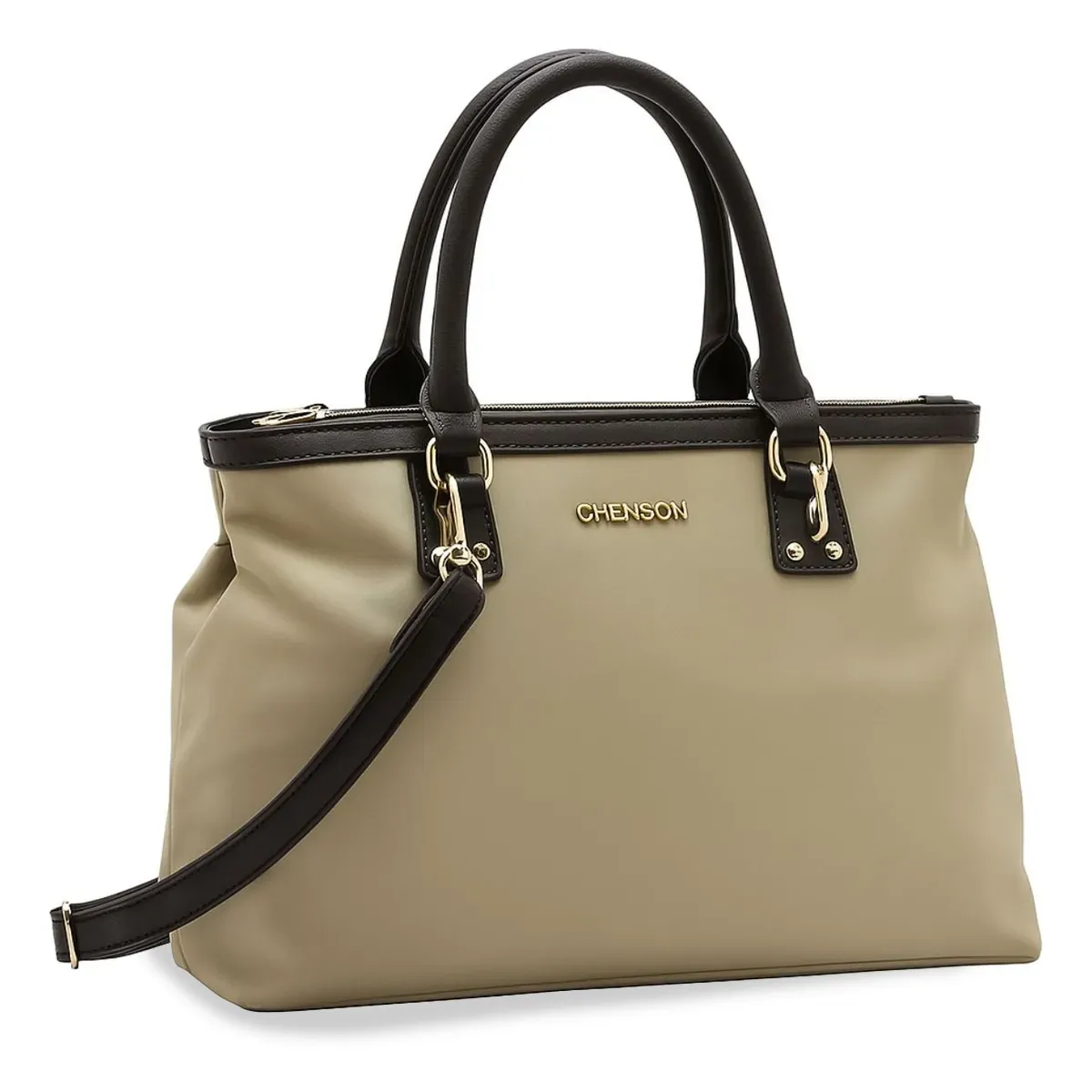 Bolsa feminina Chenson natural em microfibra com detalhes em marrom escuro, vista frontal esquerda